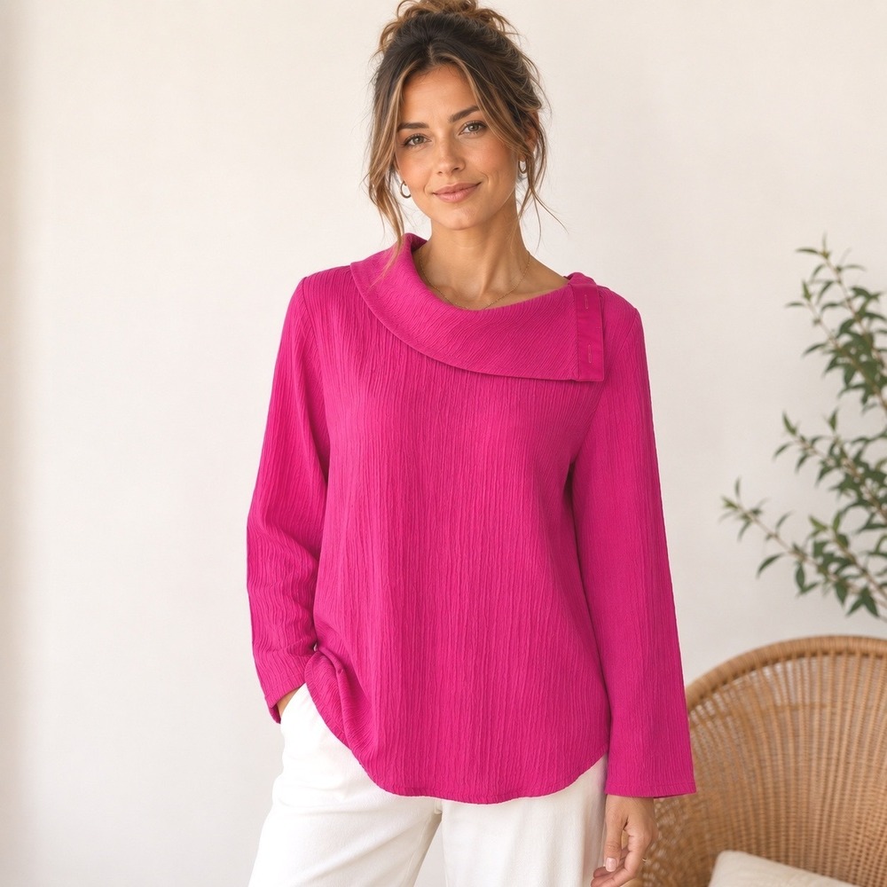 Soft Surroundings Blouse Womens M Pink Ramie Rayon Resort Casual Long Sleeve